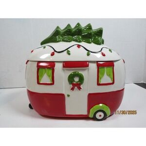Holly & Joy Christmas Camper Cookie Jar Ceramic Tree Lights Holiday Decor TT2339